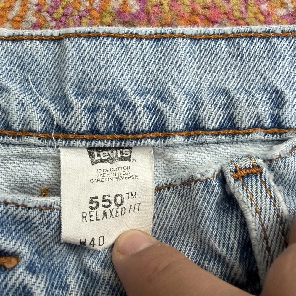 90s Levi's 550 Orange Tab Custom Patch Denim Shorts Light Wash W40 USA Made